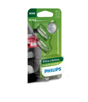 Крушка, мигач 2 бр. к-т W5W, 12V, 5W, тип фасунга: W2,1X9,5D, линия: Long Life EcoVision, PHI 12961LLECO/B2