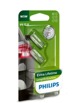 Крушка, мигач 2 бр. к-т W5W, 12V, 5W, тип фасунга: W2,1X9,5D, линия: Long Life EcoVision, PHI 12961LLECO/B2